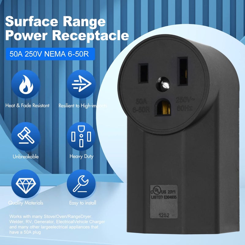 micmi NEMA 6-50R Receptacle 2-Pole 3-Wire Surface Mount Power Receptacle 250V 50A UL Listed, Black 2 Pack (NEMA 6-50R) - Image 2